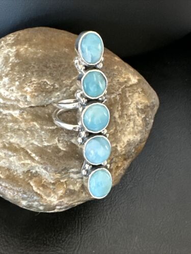 Navajo Women's Cluster Blue Larimar Ring | Authentic Native American Sterling Silver | Multi-Stone | Sz 7 | 15945
