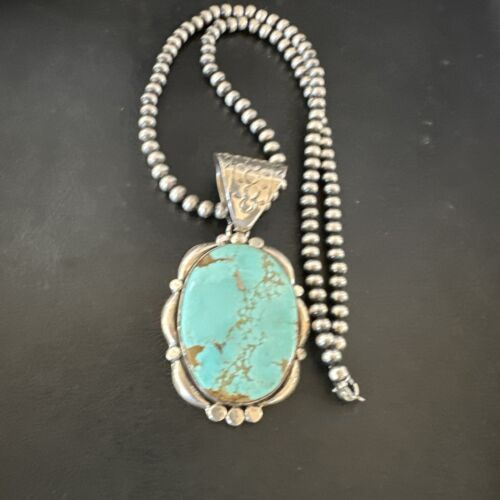 Navajo Blue Turquoise #8 Pendant | Sterling Silver Pearls Necklace | Authentic Native American Handmade | 17169