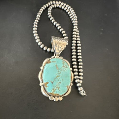Navajo Blue Turquoise #8 Pendant | Sterling Silver Pearls Necklace | Authentic Native American Handmade | 17169