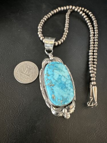 Navajo Blue Kingman Turquoise Pendant Necklace | Sterling Silver | Authentic Native American Handmade | 14861