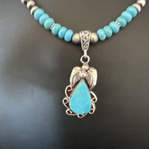 Navajo Blue Turquoise Pendant with Pearls | Sterling Silver Necklace | Authentic Native American Handmade | 15419