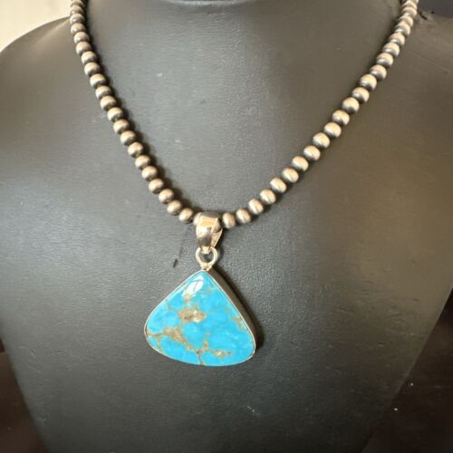 Navajo Blue Kingman Turquoise Pendant Necklace | Sterling Silver | 20" | Authentic Native American Handmade | 17002