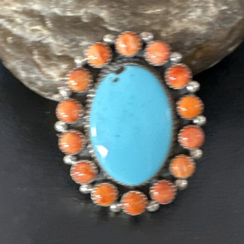 Navajo Turquoise & Spiny Oyster Cluster Ring | Authentic Native American Sterling Silver | Multi-Stone | Sz 12 | 16027