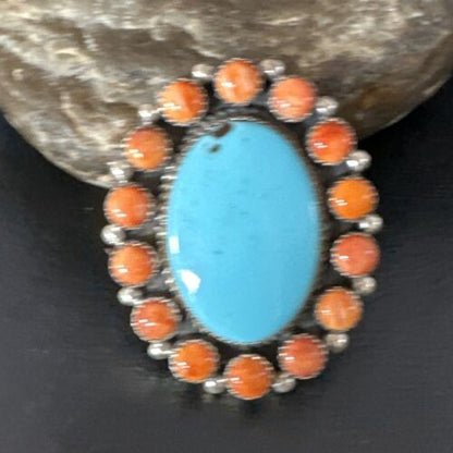Navajo Turquoise & Spiny Oyster Cluster Ring | Authentic Native American Sterling Silver | Multi-Stone | Sz 12 | 16027