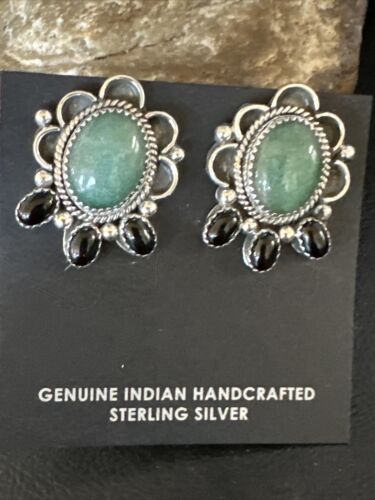 Navajo Black Onyx Green Jade Earrings | Sterling Silver | 1" | Authentic Native American Handmade | 15333