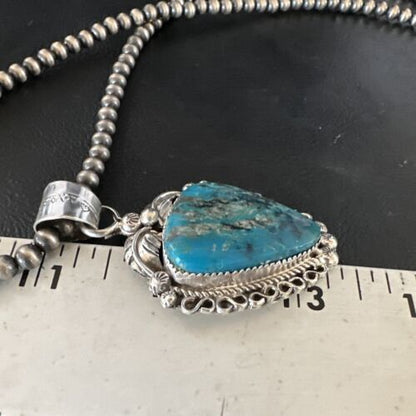 Navajo Kingman Turquoise Pendant Necklace | Sterling Silver Pearls | Authentic Native American Handmade | 15220 - Masha USA