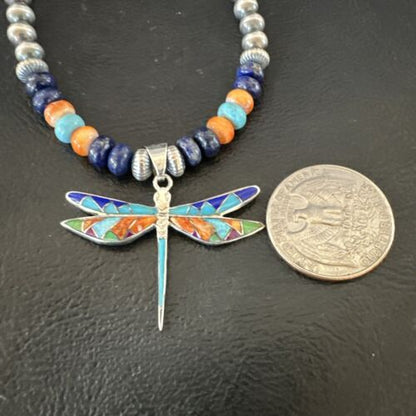 Navajo Dragonfly Pendant | Sterling Silver Turquoise Spiny Inlay MultiColor | Authentic Native American Handmade | 16634