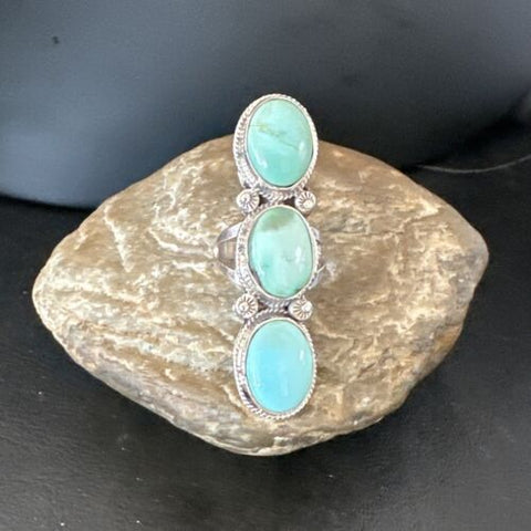Women Blue Dry Creek Turquoise 3 Stone Navajo Sterling Silver Ring Size 10.5 16730