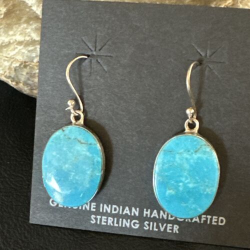Navajo Blue Kingman Turquoise Dangle Earrings | Sterling Silver | Authentic Native American Handmade | 15436