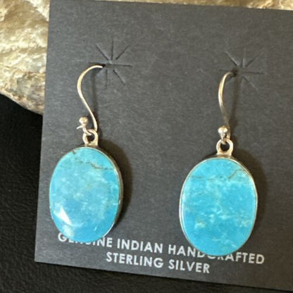 Navajo Blue Kingman Turquoise Dangle Earrings | Sterling Silver | Authentic Native American Handmade | 15436