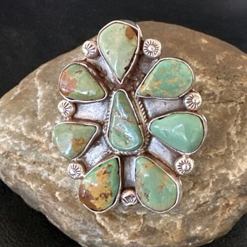 Navajo Green Turquoise Cluster Ring | Authentic Native American Sterling Silver | Multi-Stone | Sz 7 | 16859