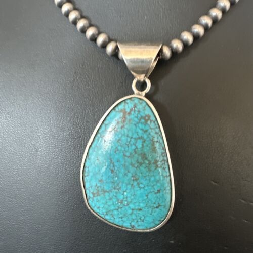 Men's Navajo Blue Spiderweb Turquoise Pendant Necklace | Sterling Silver | Authentic Native American Handmade | 16204
