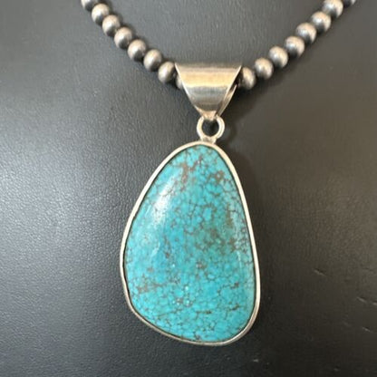 Men's Navajo Blue Spiderweb Turquoise Pendant Necklace | Sterling Silver | Authentic Native American Handmade | 16204
