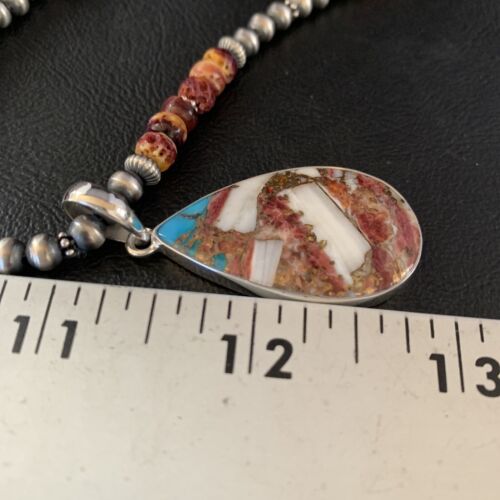 Navajo Pearls Turquoise & Spiny Oyster Pendant Necklace | Sterling Silver | 20" | Authentic Native American Handmade | 13872