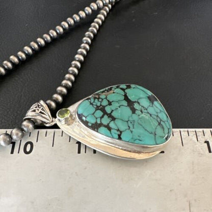 Men's Navajo Blue Spiderweb Turquoise Pendant Necklace | Sterling Silver | Authentic Native American Handmade | 16202