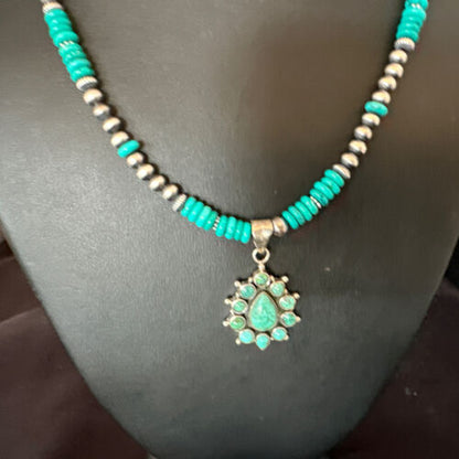 Navajo Blue Turquoise Cluster Pendant Necklace | Sterling Silver | Native American Handmade | 15815