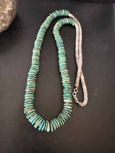 Santo Domingo Green Turquoise Shell Necklace | Sterling Silver | 30" | Authentic Native American Handmade | 17451