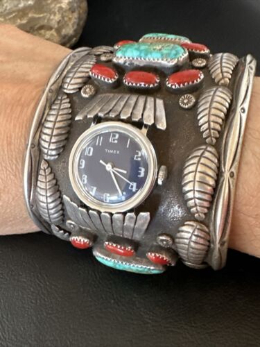 Navajo Men's Women's Royston Turquoise Coral Watch Cuff Bracelet | Sterling Silver | Authentic Native American | XL | 15850