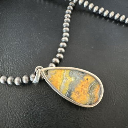 Navajo BumbleBee Jasper Pendant Necklace | Sterling Silver Pearls | Authentic Native American Handmade | 16843