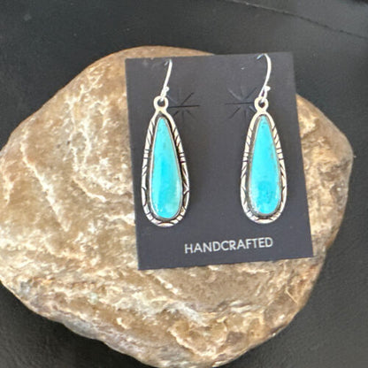 Navajo Blue Turquoise Dangle Earrings | Sterling Silver | Authentic Native American Handmade | 16511
