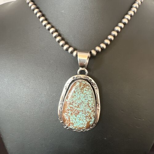 Navajo Blue Turquoise #8 Pendant | Sterling Silver Necklace with Pearls | Authentic Native American Handmade | 16347