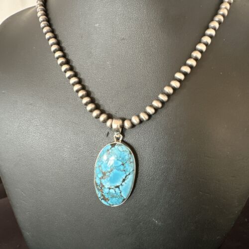 Navajo Blue Spiderweb Turquoise Pendant Necklace | Sterling Silver | Authentic Native American Handmade | 17014