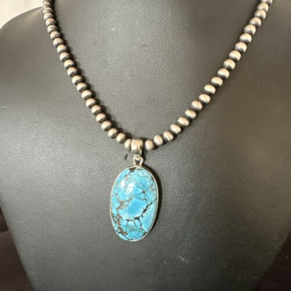 Navajo Blue Spiderweb Turquoise Pendant Necklace | Sterling Silver | Authentic Native American Handmade | 17014