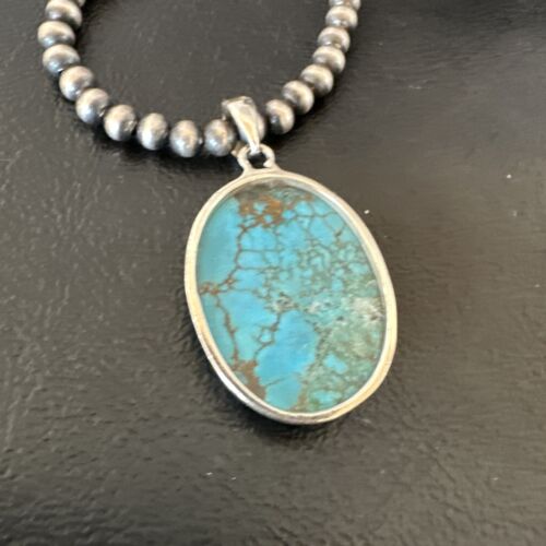 Men's Navajo Blue Spiderweb Turquoise Pendant Necklace | Sterling Silver | Authentic Native American Handmade | 16300