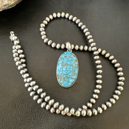 Men's Navajo Blue Spiderweb Turquoise Pendant Necklace | Sterling Silver | Authentic Native American Handmade | 16301
