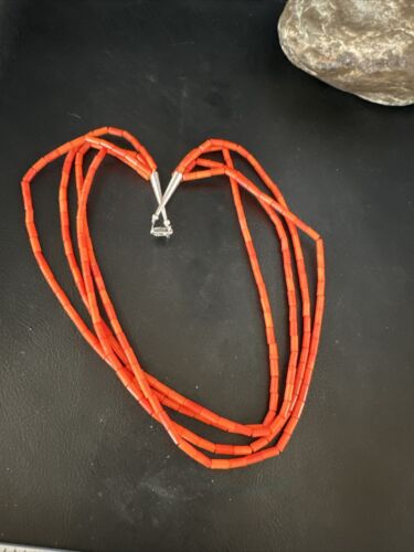 Navajo Orange Coral Tube Heishi Bead Necklace | Sterling Silver | 18" | Authentic Native American Handmade | 15281