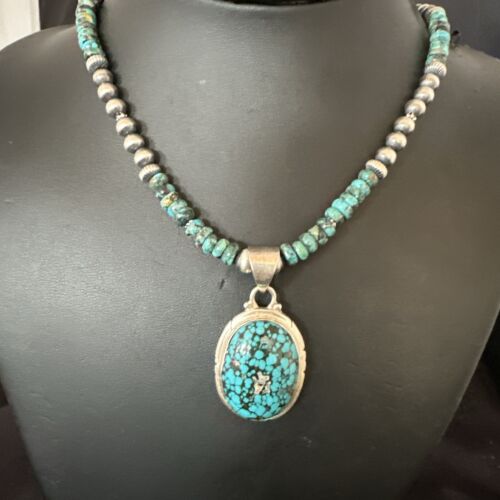 Navajo Men's Blue Spiderweb Turquoise Pendant Necklace | Sterling Silver | 17081