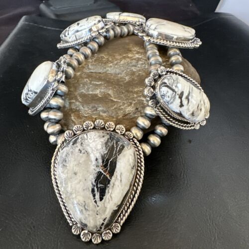 Handmade Navajo White Buffalo Turquoise Choker Necklace | Sterling Silver | 15409