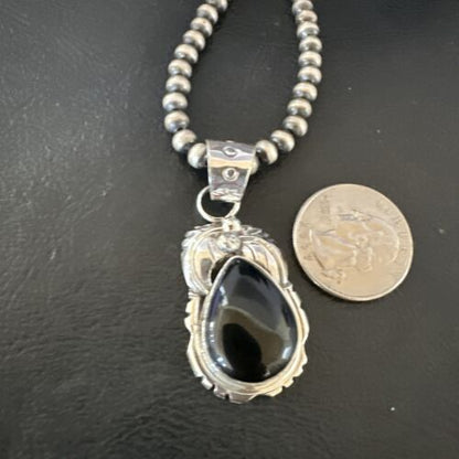 Navajo Pearls Black Onyx Necklace | Sterling Silver | Authentic Native American Handmade | 16133