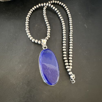 Navajo Blue Lapis Pendant with Pearls | Sterling Silver Necklace | 20" | Authentic Native American Handmade | 16666