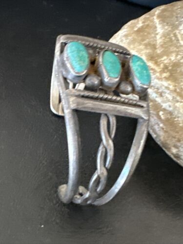 Women's Navajo Sterling Silver Cuff Bracelet | Blue Arizona Turquoise | 3 Stone | 16430