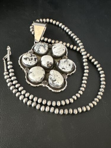 Navajo White Buffalo Turquoise Sterling Silver Pendant Necklace | Multi-Stone | 14898