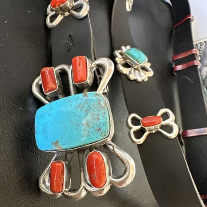 Men's Kingman Turquoise Coral Concho Belt | Sterling Silver | Navajo Tufa | 16681