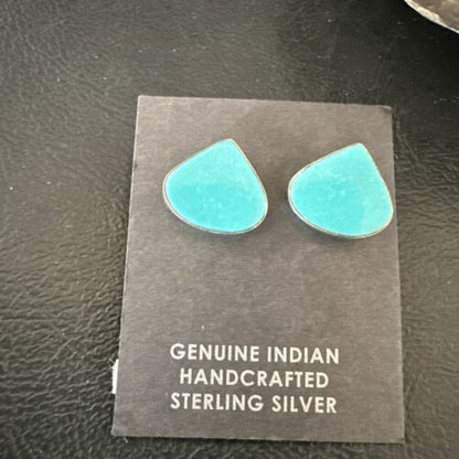 Navajo Blue Kingman Turquoise Post Stud Earrings | Sterling Silver | Authentic Native American Handmade | 17483
