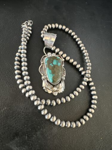 Navajo Blue Spiderweb Turquoise Pendant Necklace | Sterling Silver Pearls | Authentic Native American Handmade | 15095 - Masha USA