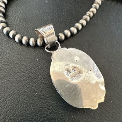 Navajo Pearls Kingman Turquoise Pendant Necklace | Sterling Silver | Authentic Native American Handmade | 17126