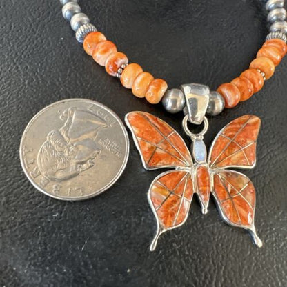 Navajo Butterfly Orange Spiny Oyster Inlay Sterling Silver Pendant Necklace | 15428