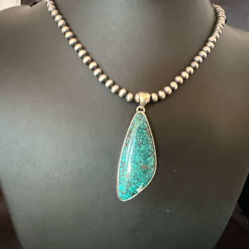 Men's Navajo Blue Spiderweb Turquoise Pendant Necklace | Sterling Silver | Authentic Native American Handmade | 16221