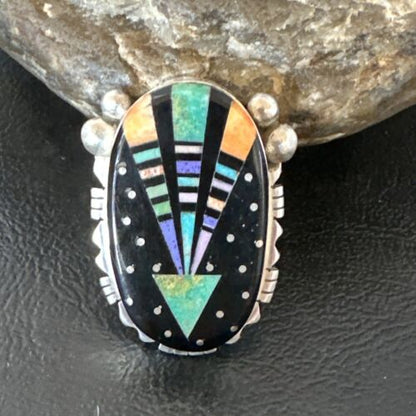 Navajo Green Turquoise Spiny Oyster Inlay Ring | Sterling Silver | Sz 7.5 | 16333