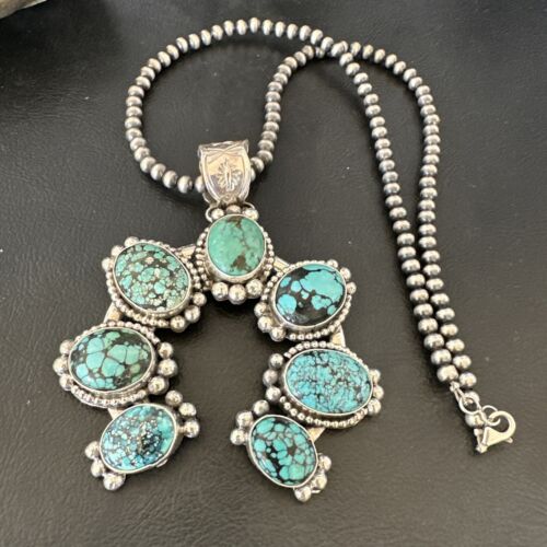 Navajo Men's Blue Turquoise Naja Pendant Necklace | Sterling Silver Pearls | Authentic Native American | 16404