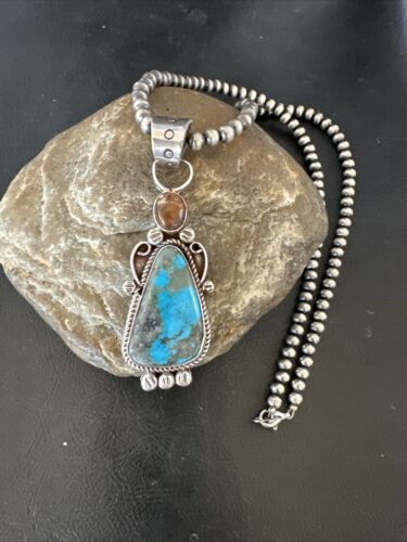 Navajo Blue Kingman Turquoise Wild Horse Pendant Necklace | Sterling Silver | Authentic Native American Handmade | 17222