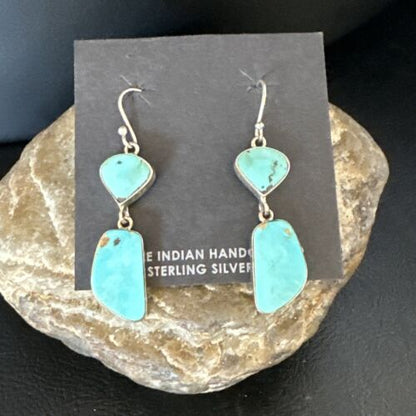Navajo Blue Kingman Turquoise Dangle Earrings | Sterling Silver | Authentic Native American Handmade | 15118