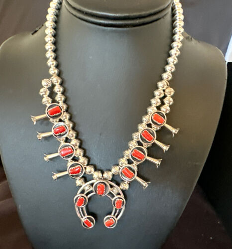 Navajo Red Coral Sterling Silver Squash Blossom Necklace | 17" | Shadowbox Naja | 16117