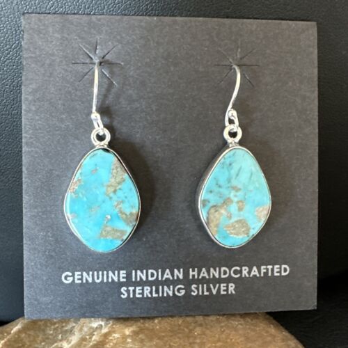 Navajo Blue Turquoise Dangle Earrings | Sterling Silver | 1" | Authentic Native American Handmade | 15806 - Masha USA