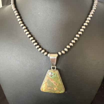 Navajo Green Turquoise Pendant Necklace | Sterling Silver | Authentic Native American Handmade | 15032