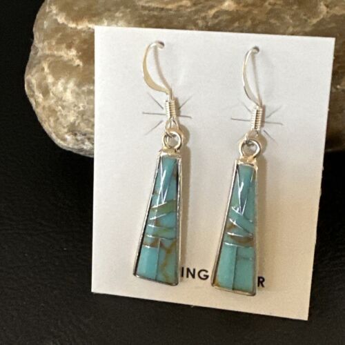 Navajo Blue Turquoise Inlay Earrings | Sterling Silver | 1" | Authentic Native American Handmade | 15699